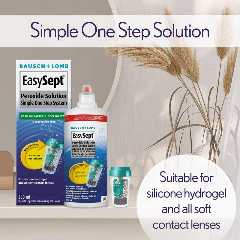 EasySept Peroxide Solution, 360ml - Contact Lens Solution with a simple One Step System for Disinfection of Soft Contact Lenses, Lens Case with Neutralising Disc Included, Suitable for Sensitive Eyes Single - BeesActive Australia
