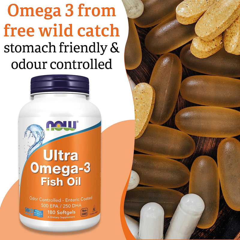 Now Foods, Ultra Omega-3, 500 EPA / 250 DHA, 180 Softgels, Lab-Tested, Fish Oil, Gluten Free, Non-GMO - BeesActive Australia