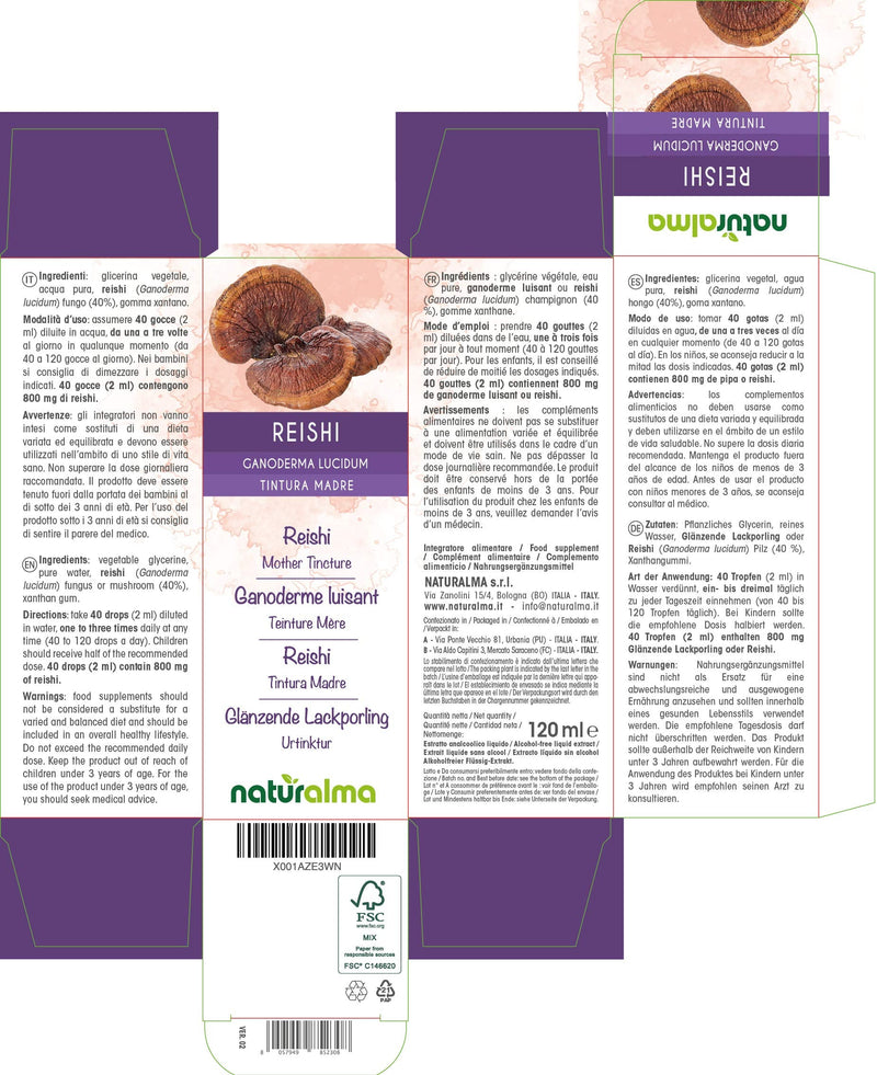 Reishi (Ganoderma lucidum) Fungus or Mushroom Alcohol-Free Mother Tincture Naturalma | Liquid Extract Drops 120 ml | Food Supplement | Vegan - BeesActive Australia