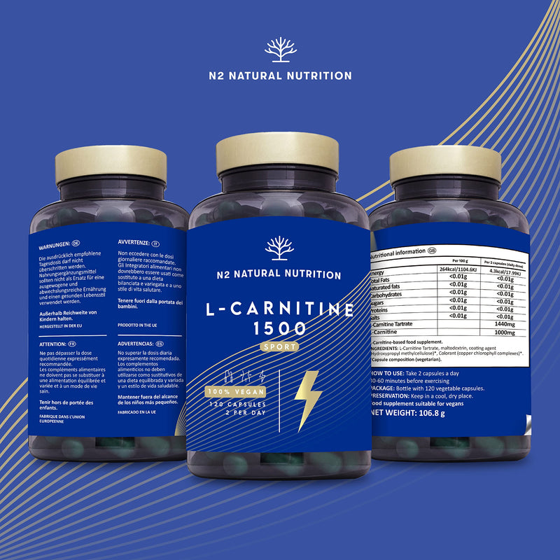 Natural L CARNITINE 1500mg. Fat Burner Pills Supplement. Improves Sports Performance, Weight Loss & Provides Energy Resistance. 120 Vegetable Capsules. UK Vegan Certified. N2 Natural Nutrition. - BeesActive Australia