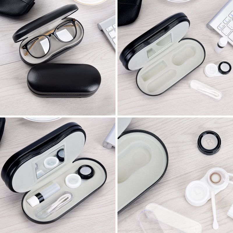 Muf 2 in 1 Double Sided Portable Contact Lens Case and Glasses Case,Dual Use Design with Built-in Mirror, Tweezer and Contact Lens Solution Bottle Included for Travel Kit(Black) Black - BeesActive Australia