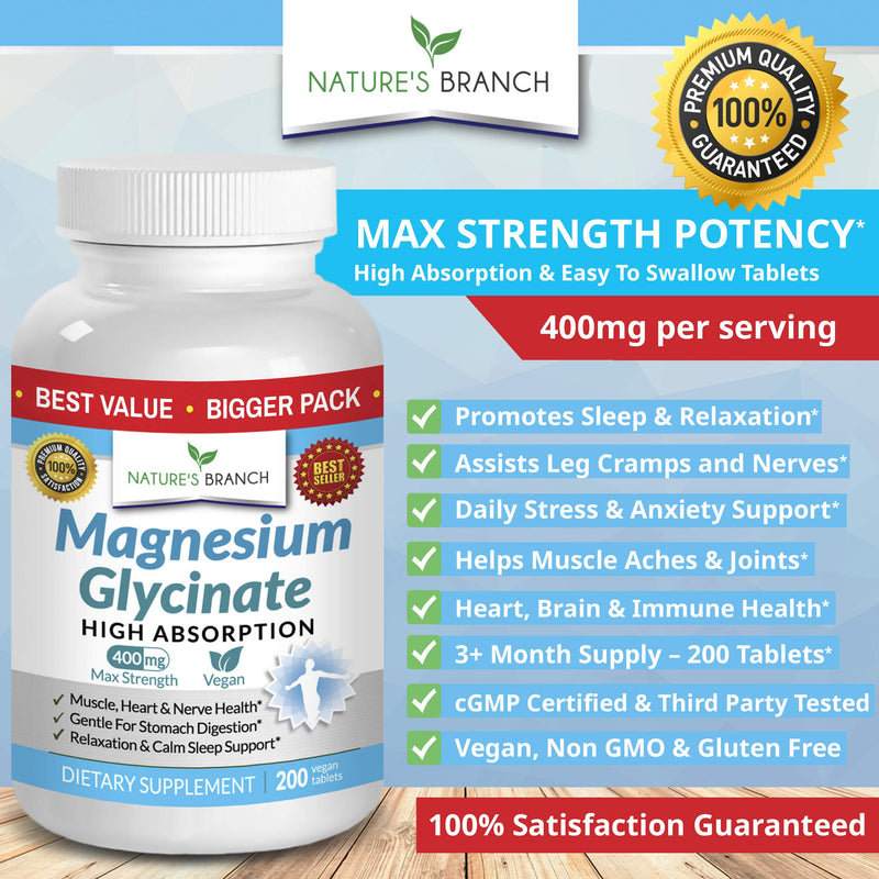 Magnesium Glycinate 400 mg - 200 Tablets - High Absorption, Non Buffered Bisglycinate Mag Supplement for Sleep, Leg Cramps, Heart, Ease Muscles, Calm Headaches for Women and Men, Non Powder Capsules - BeesActive Australia