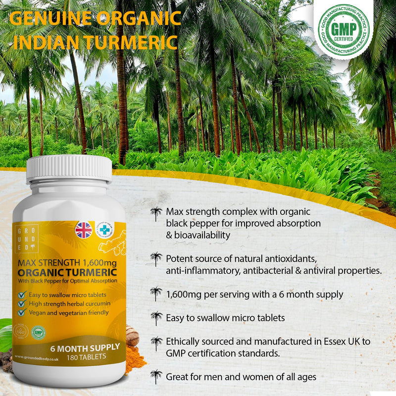 Pure Turmeric Tablets 1,600mg with Organic Black Pepper Extract | 6 Month Supply, 180 Tablets | High Strength Herbal Curcumin Complex Supplement | Natural Anti Inflammatory & Antioxidants | Vegan, UK - BeesActive Australia