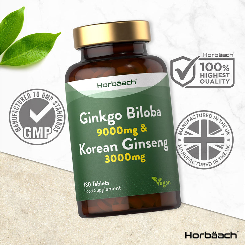 Ginkgo Biloba and Ginseng Tablets | High Strength | Ginkgo 9000mg & Korean Ginseng Root 3000mg | 180 Vegan Tablets | by Horbaach - BeesActive Australia