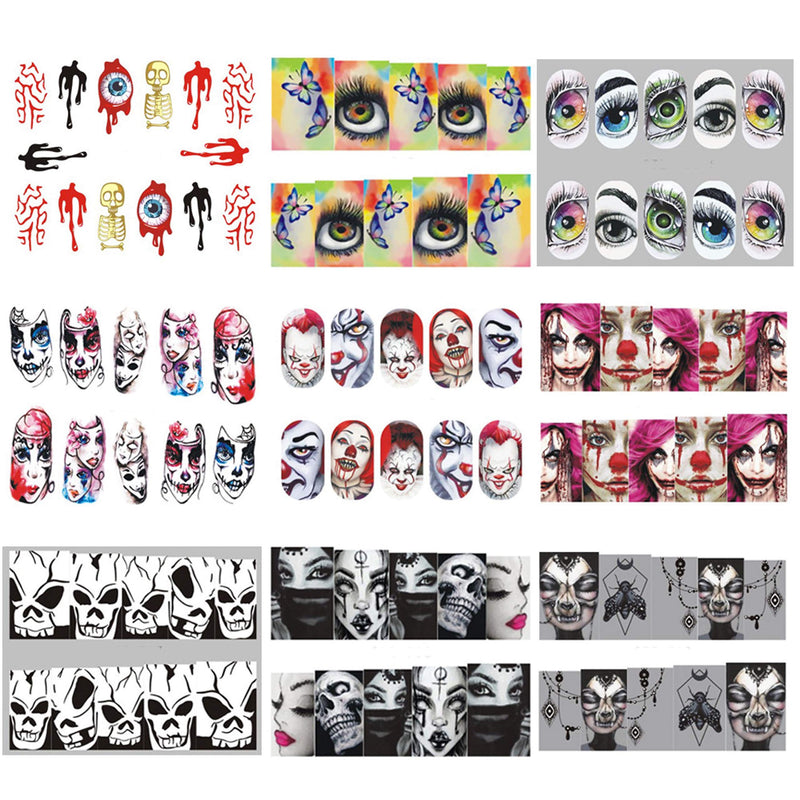 NAIL ANGEL 25 Sheets Nail Art Water Decals Water Transfer Sticker Halloween Skull Clown Different Pattern Decals for fingernail and toenail Manicure 10192 - BeesActive Australia