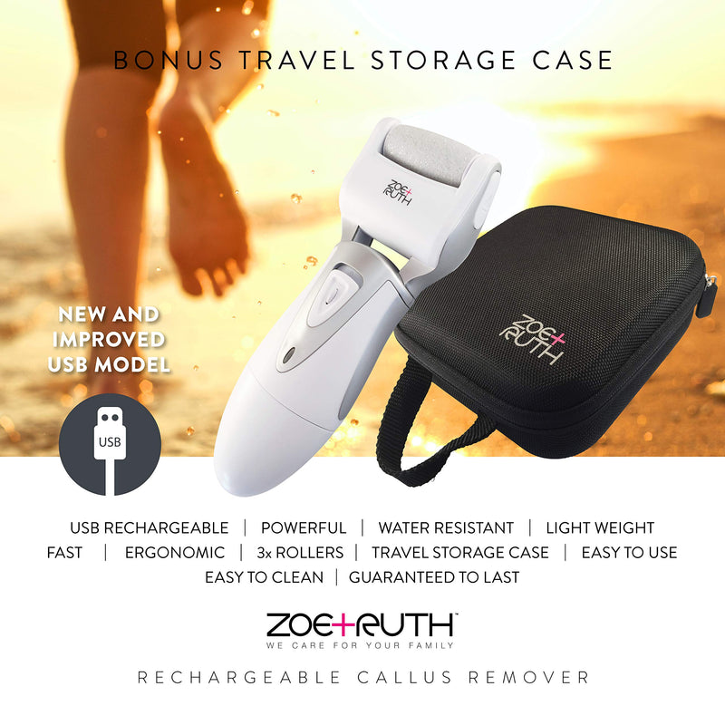 Electric Callus Remover Foot File USB Rechargeable Pedicure tools for Dry Cracked Dead Skin on your Heels and Feet by Zoe+Ruth. International Charger, 3 Rollers & Travel Friendly Storage Case. - BeesActive Australia