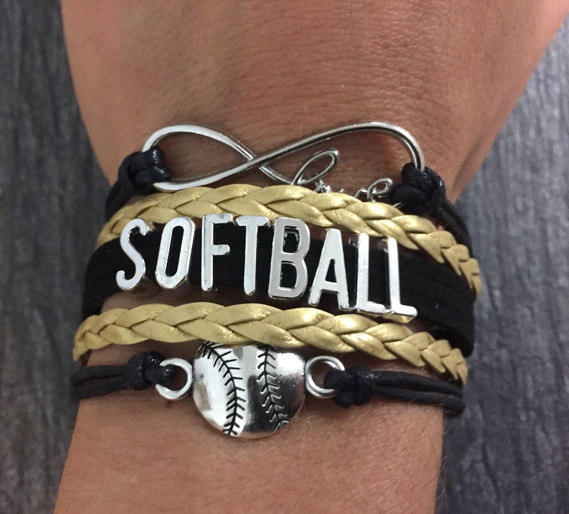 Softball Infinity Charm Bracelet- Softball Jewelry - Perfect Softball Player, Team and Coaches Gifts Black/Gold - BeesActive Australia