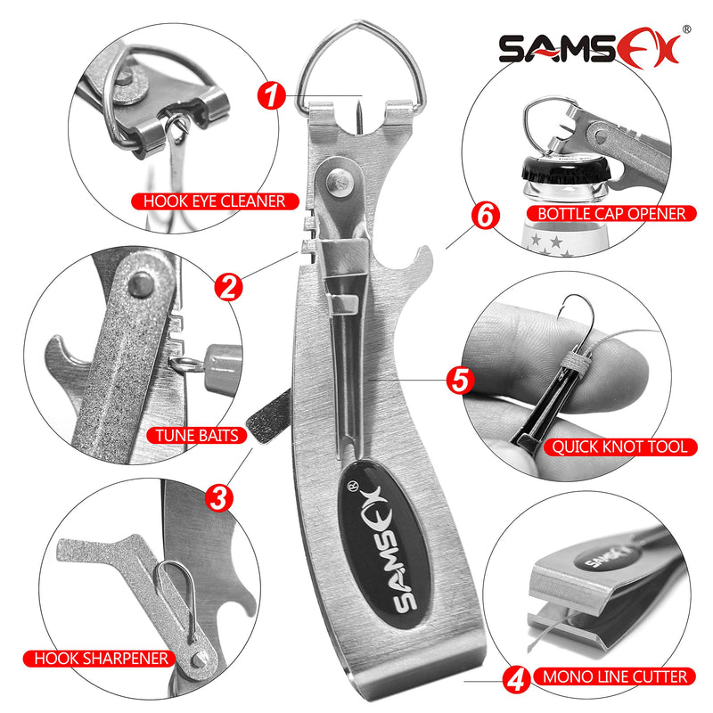 SAMSFX Fishing Knot Tying Tool Fly Fishing Line Clipper with Retractor, Accessories for Hook Sharpener, Quick Knot Tool and Hook Eye Cleaner 6 in 1 Clipper & Carabiner Style Zinger Retractor - BeesActive Australia