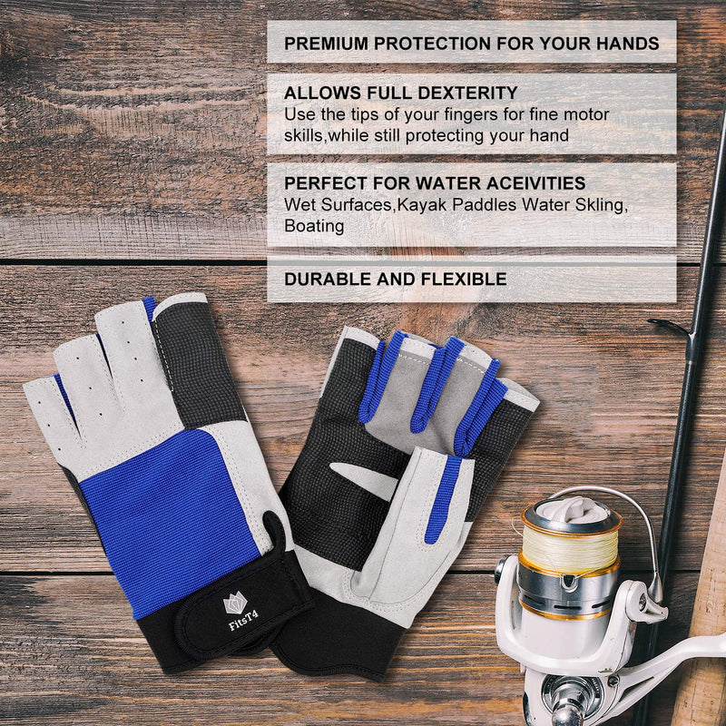 [AUSTRALIA] - FitsT4 Sailing Gloves 3/4 Finger and Grip Great for Sailing, Yachting, Paddling, Kayaking, Fishing, Dinghying Water Sports for Men and Women blue Medium 