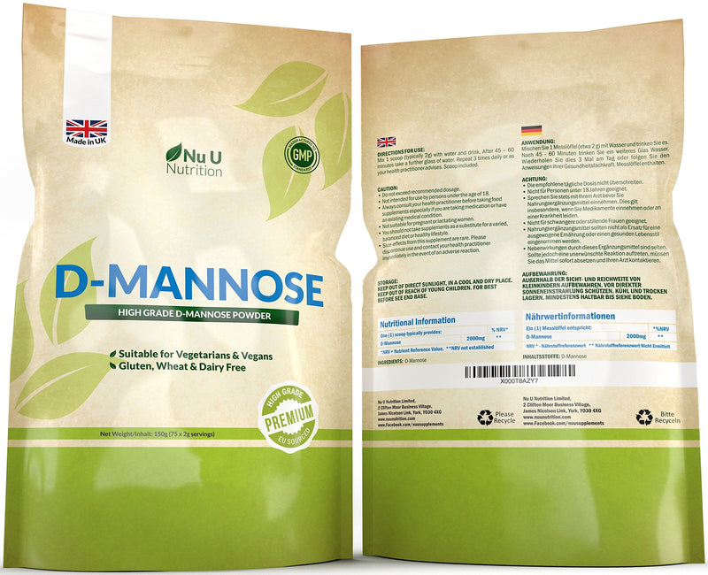 D-Mannose Powder | 150g (75 Servings) | Allergen Free | Suitable for Vegetarians & Vegans | Made in The UK by Nu U Nutrition - BeesActive Australia
