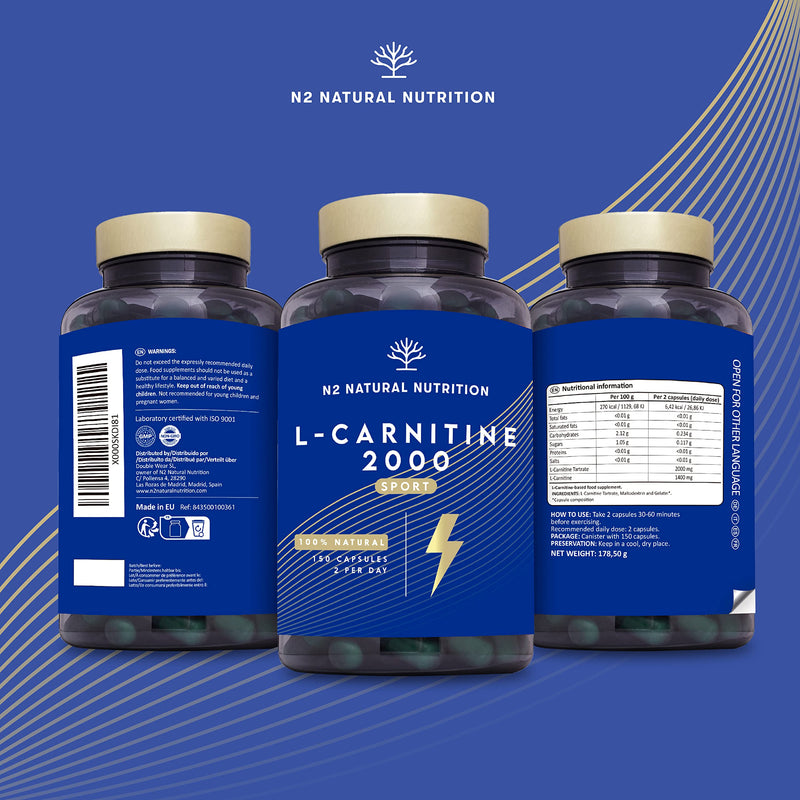 Natural L CARNITINE 2000mg. 150 Capsules 75 Days. High Concentration Fat Burner Pills. Improves Sports Performance. Weight Loss, Energy Resistance. CE Manufactured. N2 Natural Nutrition L Carnitine 2000 (150 capsules) - BeesActive Australia