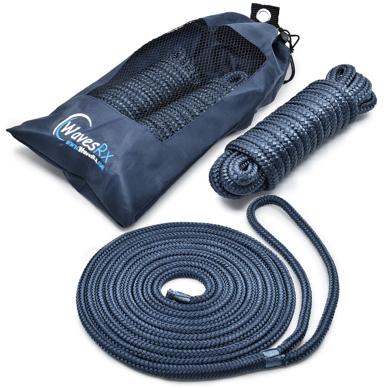 WAVESRX Premium Boat Dock Line ? x 15 (2 Pack) | Double Braided Nylon Marine Mooring Rope | Low Stretch and High Shock Absorption, 12 Spliced Eyelet + Storage Bag | Resist Oil, Sun and Saltwater 3/8"x15' (2PK) - BeesActive Australia