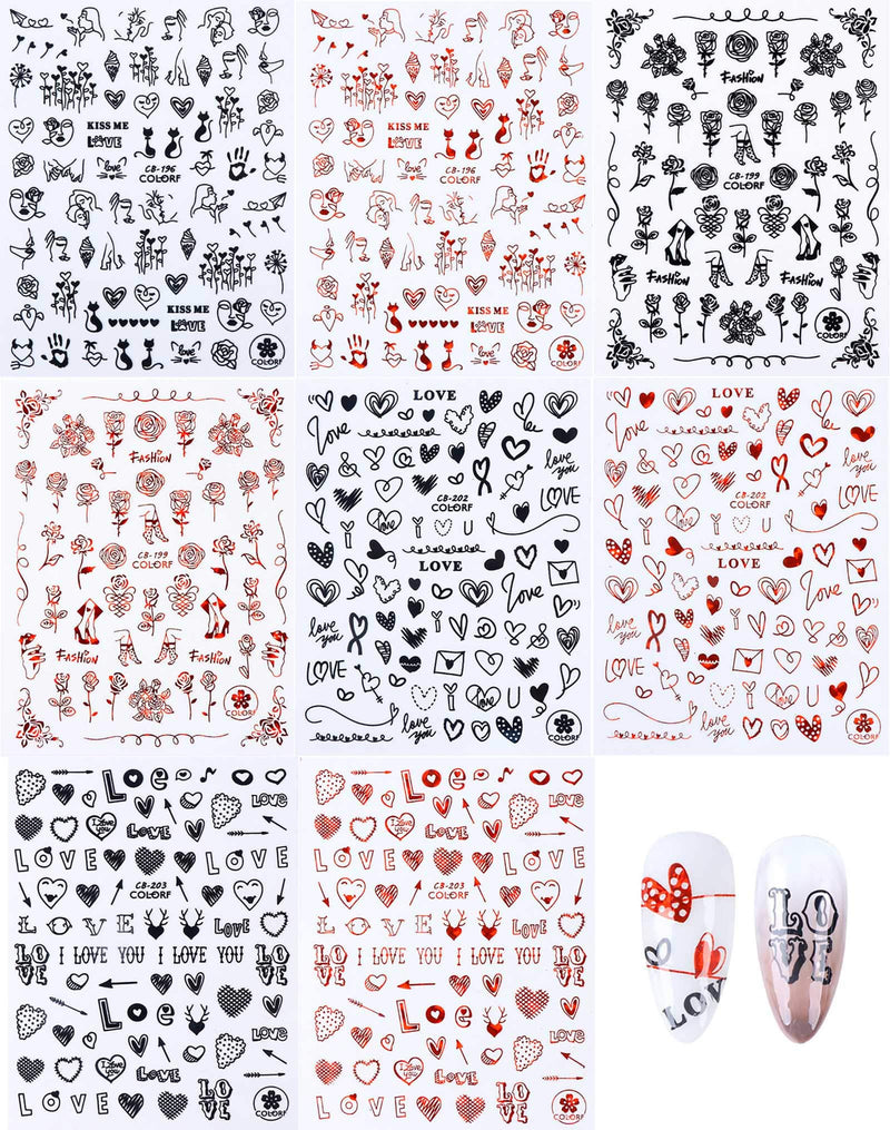 8 Sheets 3D Romantic Valentine's Day Nail Stickers Black Red Self Adhesive Love Heart Letter Rose Vine Abstract Face Images Cat Animal Nail Decal For Women Girl Nail Slider Art Decorations - BeesActive Australia