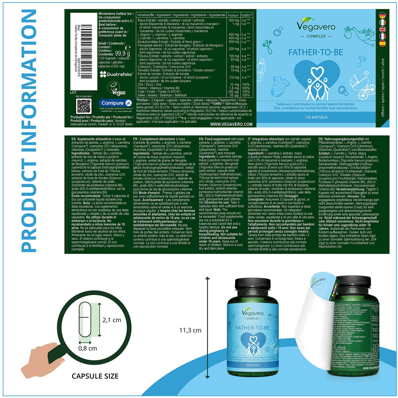 Male Fertility Supplement Vegavero® | 120 Capsules | Conception Vitamins for Men | with Maca, Tribulus, Zinc, L-Arginine, Selenium, Q10 Coenzyme, L-Carnitine, Fenugreek & Vitamins | Vegan - BeesActive Australia