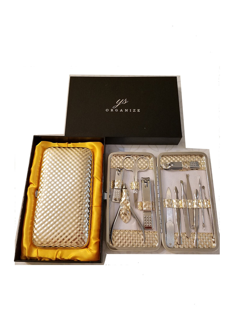 Y.S. organize Professional Manicure Travel Set for Men and Women. 12 Pieces kit of Stainless Steel Manicure & Pedicure Tools. Nail Clippers and Grooming Kit in an Beautiful Gold Metallic case - BeesActive Australia