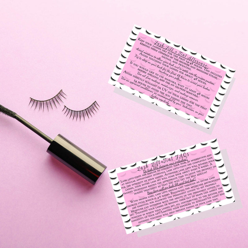 Lash Lift + Tint Aftercare Instruction Cards | 50 Pack | 2 x 3.5” inches Business Card Size | Eyelash Lift and Tint Kit at Home DIY aftercare Supplies | Lash Print with Pink Inlay Design - BeesActive Australia