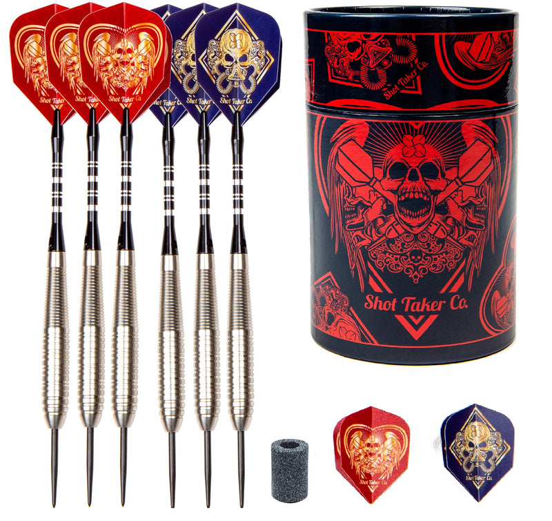 [AUSTRALIA] - SHOT TAKER CO. EST. 2017 Professional Stainless Steel Tip Darts Set | 6 Stainless Steel Barrels 22g | 6 Aluminum Shafts 48mm | 8 Flights Standard | 1 Darts Sharpener | 1 Stylish Case Red Skull 21g 