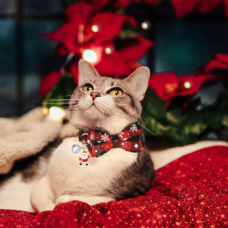 Pohshido 2 Pack Christmas Cat Collar with Bow Tie and Bell, Xmas Holiday Breakaway Buckle Safety Kitty Kitten Collar(Adjustable Size from 7.8-12.8 inch) Buffalo Snowflake - BeesActive Australia