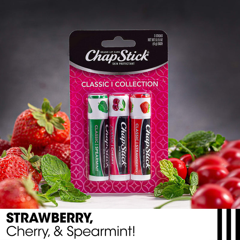 Chapstick Classic Spearmint, Cherry and Strawberry Lip Balm Tubes Variety Pack Non-tinted, Cherry/Strawberry/Spearmint, 0.15 Ounce (Pack of 3) - BeesActive Australia