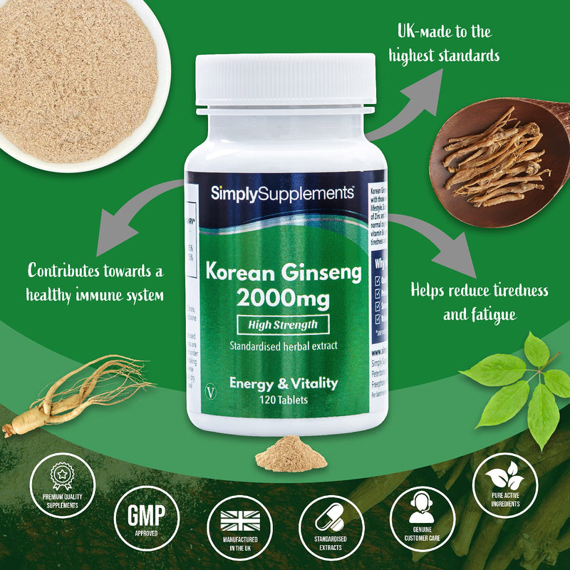 Korean/Panax Ginseng 2000mg | 120 High Strength Ginseng Tablets | Vegan & Vegetarian Friendly | Supplement Supports Cognitive Function While Reducing Tiredness and Fatigue | Manufactured in The UK 120 Count (Pack of 1) - BeesActive Australia