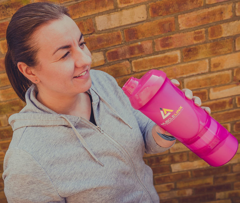Pink Protein Shaker Plus Storage Screw top 100% Leak Proof Drinks Bottle 500ml to 700ml by Musclelinx - BeesActive Australia