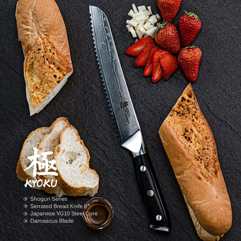 KYOKU Serrated Bread Knife - 8" - Shogun Series - Japanese VG10 Steel Core Damascus Blade - with Sheath & Case - BeesActive Australia