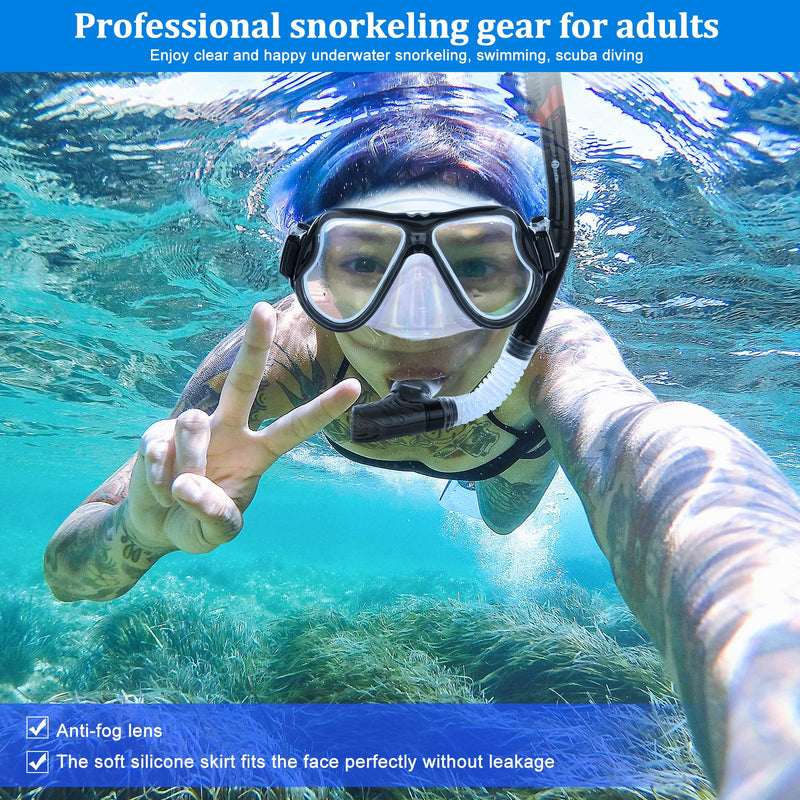 JARDIN Dry Snorkel Set, Panoramic Wide View Snorkel Mask, Anti-Fog Tempered Glass Diving Mask, Free Breathing& Easy Adjustable Strap Scuba Mask, Professional Snorkeling Gear for Adults Black - BeesActive Australia