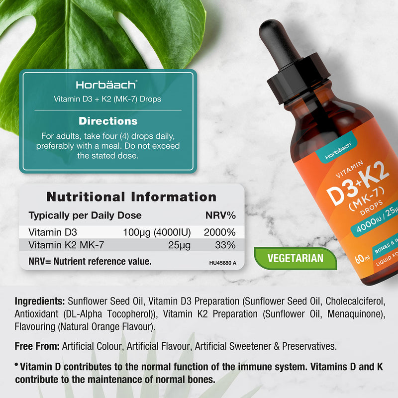 Vitamin D3 4000 IU Plus Vitamin K2 MK7 25ug | 60 ml Liquid Drops | High Strength Bone Health and Immune Support | by Horbaach - BeesActive Australia