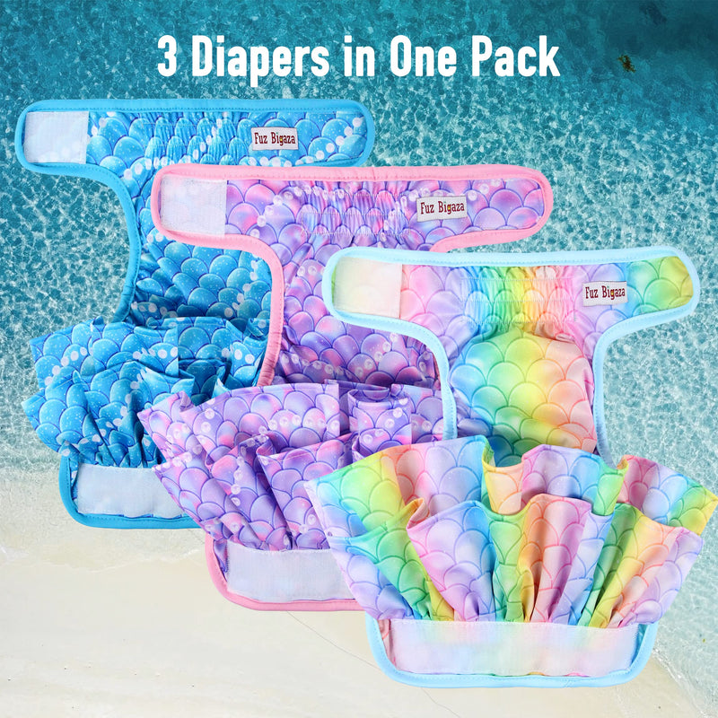 Fuz Bigaza Dog Diapers Female (3 Pack), Reusable Pet Diapers for Female Dogs, Washable Dog Panties Diaper Skirt for Dogs in Heat, Period, Incontinence, or Excitable Urination Mermaid Small (Pack of 3) - BeesActive Australia