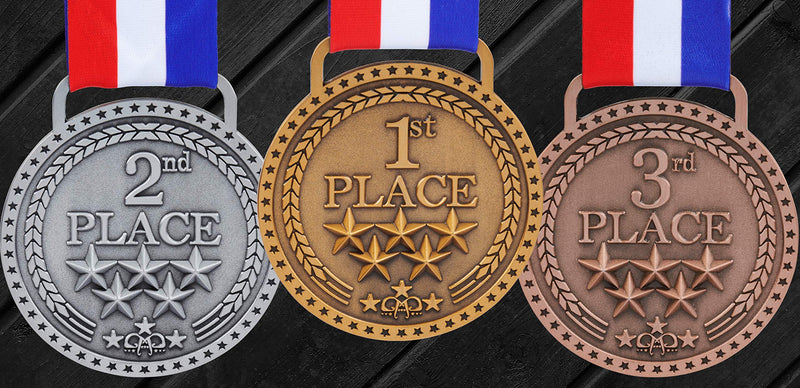 Gold Silver Bronze Medals for 1st 2nd 3rd Place Trophy Awards, Bright or Antique Finish with Attached Red White Blue Satin Ribbon - Sold Separately Antique Bronze - BeesActive Australia