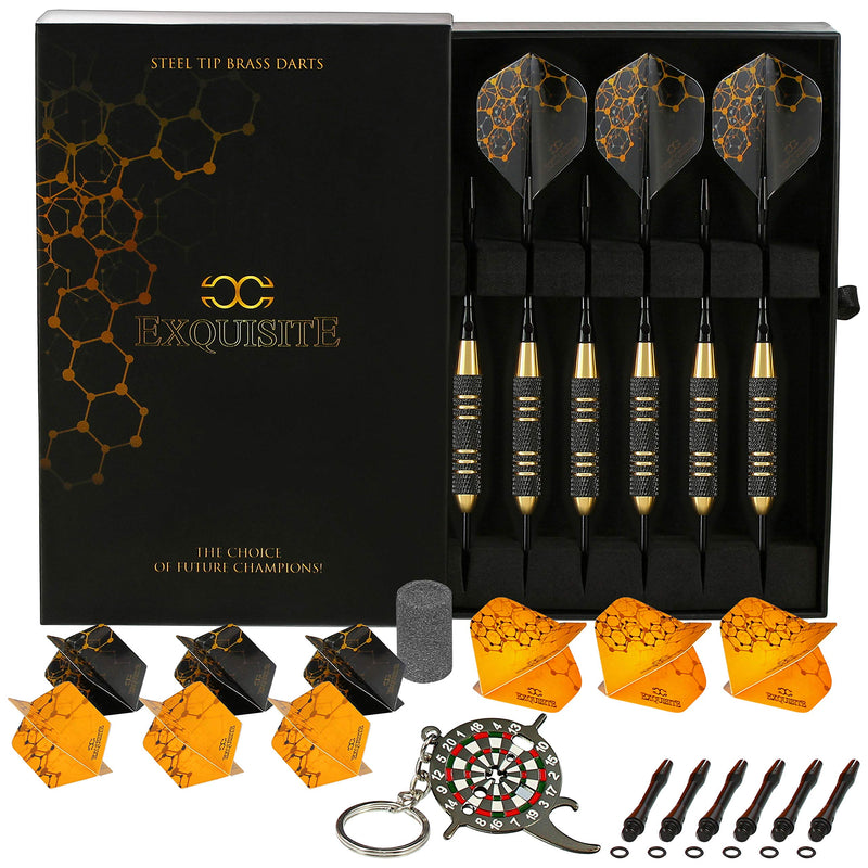 CC-Exquisite Professional Steel Tip Darts Set - 6 x 22g Brass Barrels with 12 Flights Standard/Slim, 12 Aluminum Shafts 35/48mm, 12 O-Rings, Dart Tool, Dart Sharpener and Case (Black & Gold) - BeesActive Australia