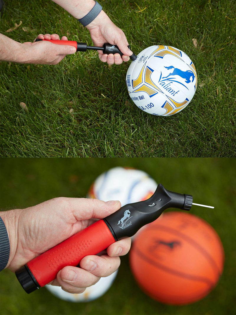 Valiant Sports Ball Pump Inflator with 5 Needles (Pin) and Pouch, Dual Action Hand Held Portable Air Pump with pins to Inflate Soccer Ball, Football, Volleyball, Rugby-Ball, Netball and Basketball - BeesActive Australia