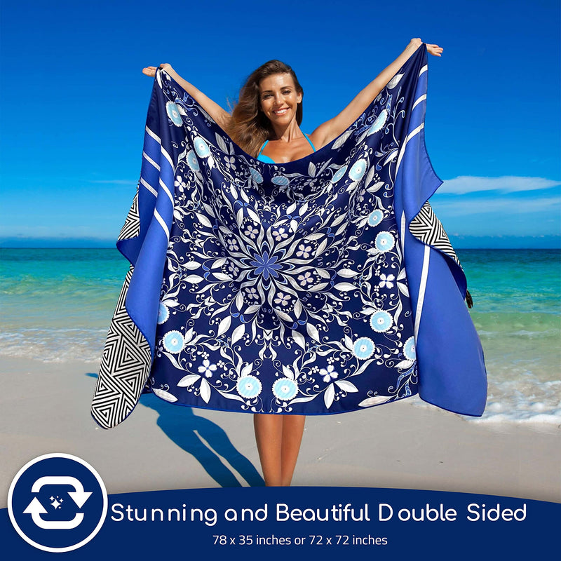 Microfiber Beach Towel for Travel - Oversized XL 78 x 35 Inch Lightweight, Quick Dry, Sand Free, Extra Large Towels & Blanket - Perfect for Swimmers, Camping, Gym,Yoga Blue Flower EXTRA LARGE (78X35-INCH) - BeesActive Australia