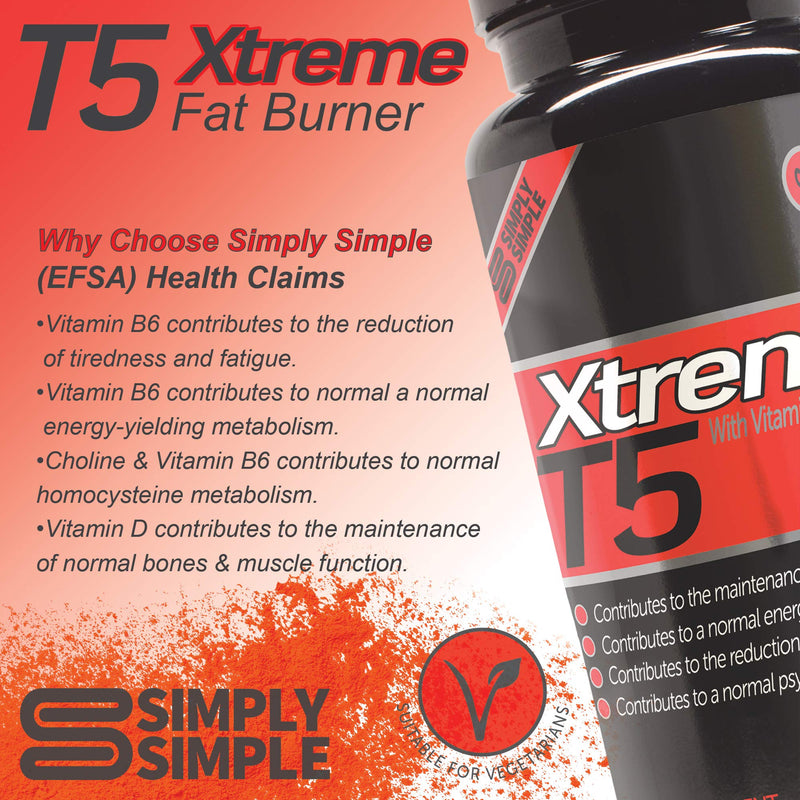 Xtreme T5 Fat Burners by Simply Simple | Vegetarian Safe T5 Slimming Pills | Unisex Weight Loss Tablets for Men & Women with The Added Benefits of Vitamin B6, Vitamin D & Choline. 30 Count (Pack of 1) - BeesActive Australia