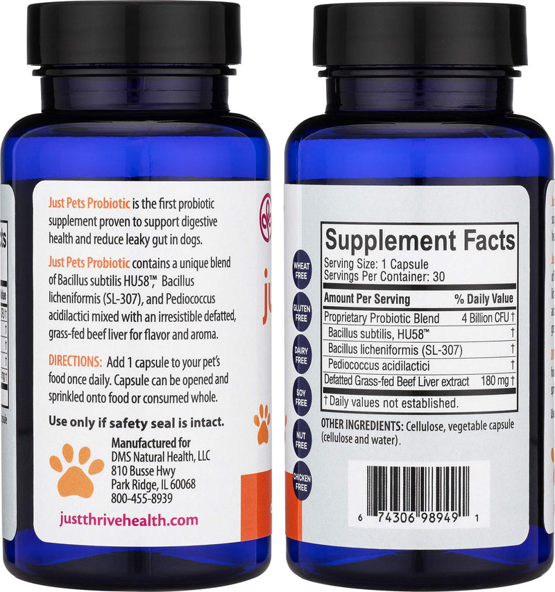 Just Thrive: Just Pets Probiotic - 30 Capsules, 8 oz - Daily Digestive Support for Dogs - Gut Health Supplement for Large and Small Breeds - No Wheat, Gluten, Soy, Dairy, Nuts or Chicken - BeesActive Australia