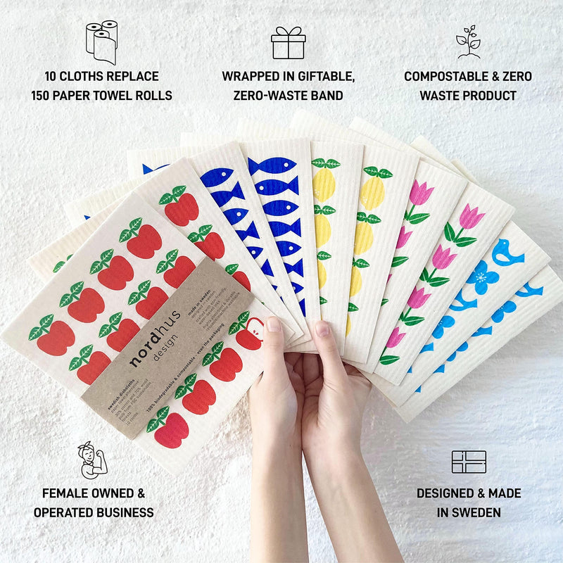 Nordhus Design Swedish Dishcloths for Kitchen 10 Pack Reusable and Replace Paper Towels, Sponges and Dish Rags - Eco Friendly, Biodegradable, Absorbent and Quick Drying Cellulose Cloths Scandinavian Retro - BeesActive Australia