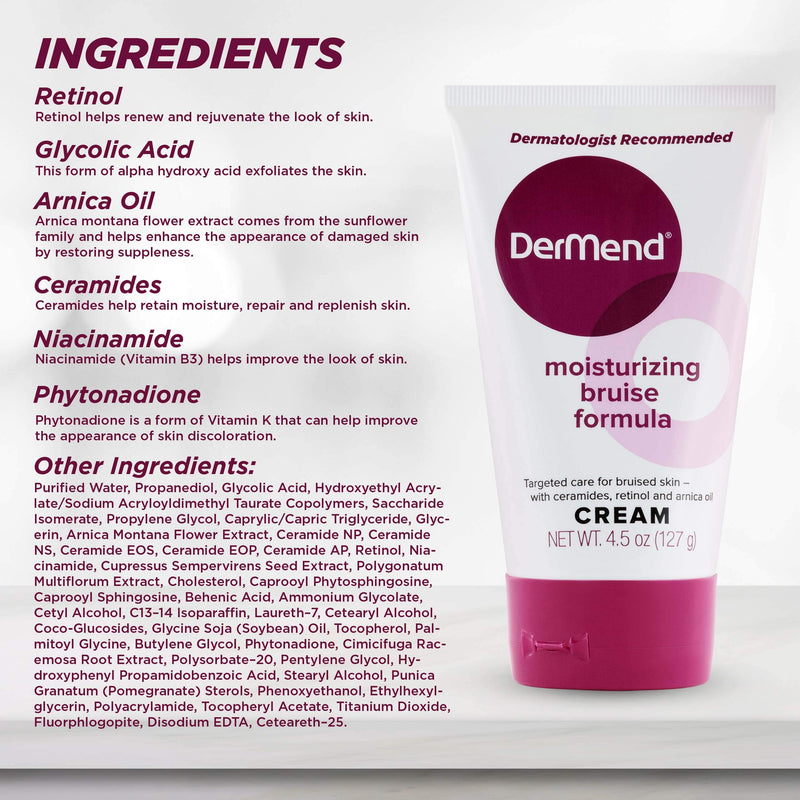 DerMend Moisturizing Arnica Montana Bruise Cream: Vitamin K Moisturizer Formula to Reduce The Appearance of Bruising - Restore, Rejuvenate & Repair Thin, Bruised Skin on Arms, Legs & Hands - 4.5 Oz 4.5 Ounce (Pack of 1) - BeesActive Australia