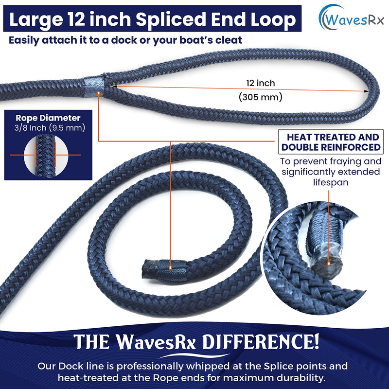 WAVESRX Premium Boat Dock Line ? x 15 (2 Pack) | Double Braided Nylon Marine Mooring Rope | Low Stretch and High Shock Absorption, 12 Spliced Eyelet + Storage Bag | Resist Oil, Sun and Saltwater 3/8"x15' (2PK) - BeesActive Australia