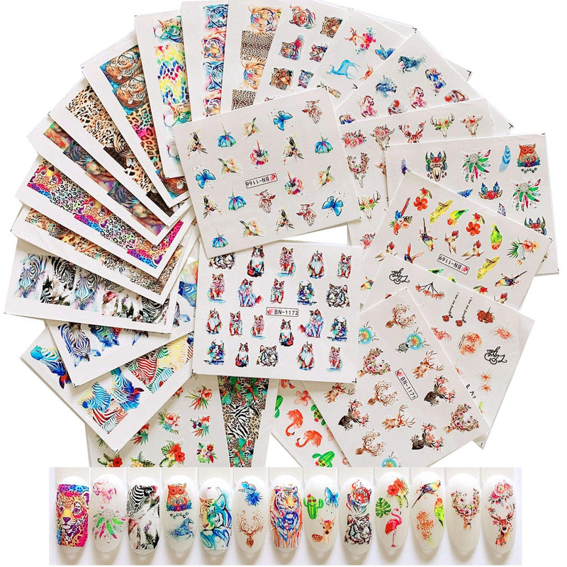 NAIL ANGEL 24sheets Nail Art Water Decals Water Transfer Sticker Different Animal Designs Deer Tiger Prints Summer Decals for fingernail and toenail Manicure 10204 - BeesActive Australia