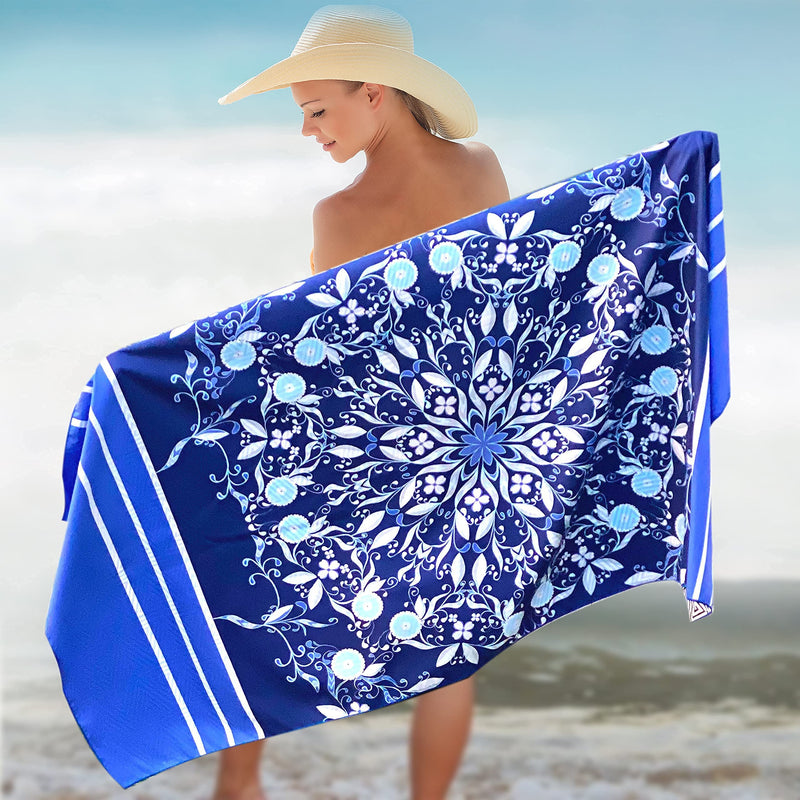 Microfiber Beach Towel for Travel - Oversized XL 78 x 35 Inch Lightweight, Quick Dry, Sand Free, Extra Large Towels & Blanket - Perfect for Swimmers, Camping, Gym,Yoga Blue Flower EXTRA LARGE (78X35-INCH) - BeesActive Australia