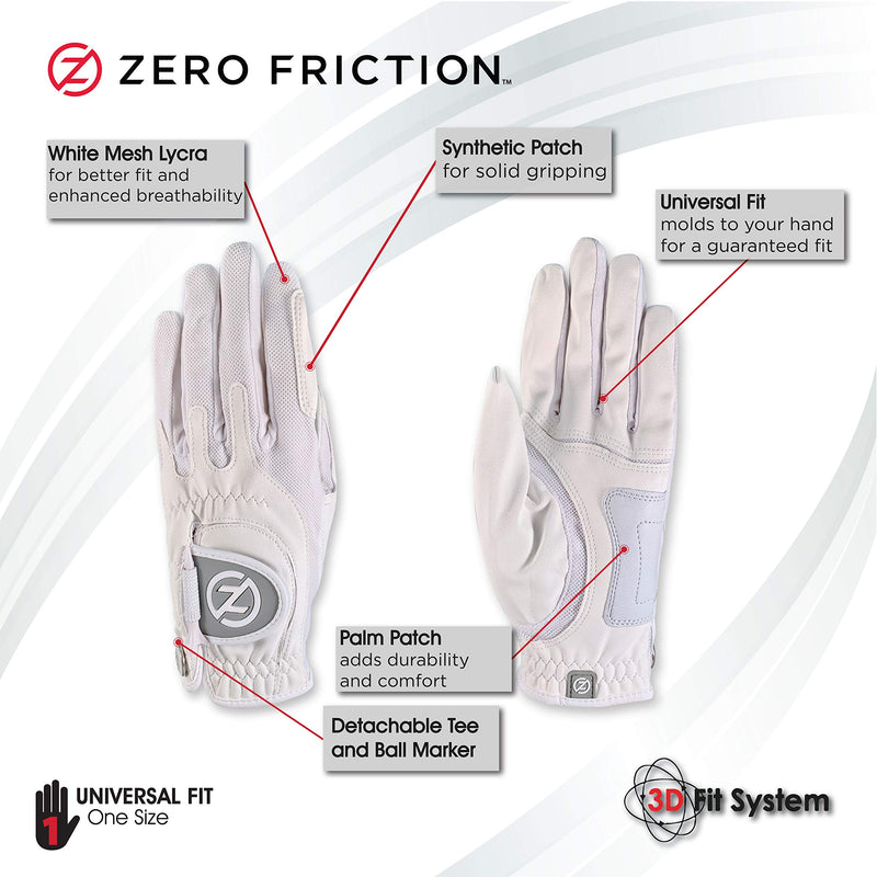 Zero Friction Ladies Compression-Fit Synthetic Golf Glove 2 Pack, Includes free tee pack, Universal-Fit Worn on Left Hand (for the right handed golfer) White/Black - BeesActive Australia