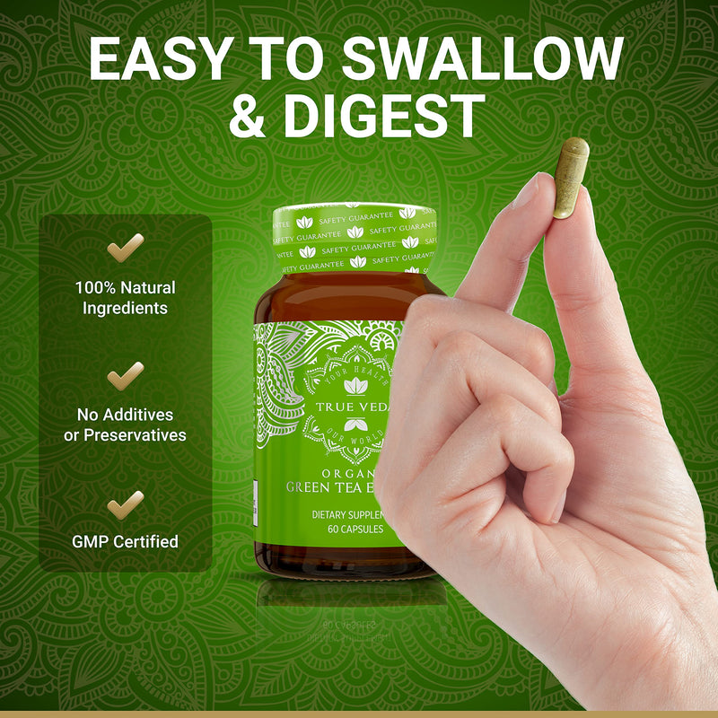 Organic Green Tea Extract Capsules - Certified Organic by Soil Association | 100% Natural Supplement | Natural Low Caffeine Source | Vegan | Ayurveda | 60 Easy Swallow Green Tea Tablets | Made in UK 60 Count (Pack of 1) - BeesActive Australia