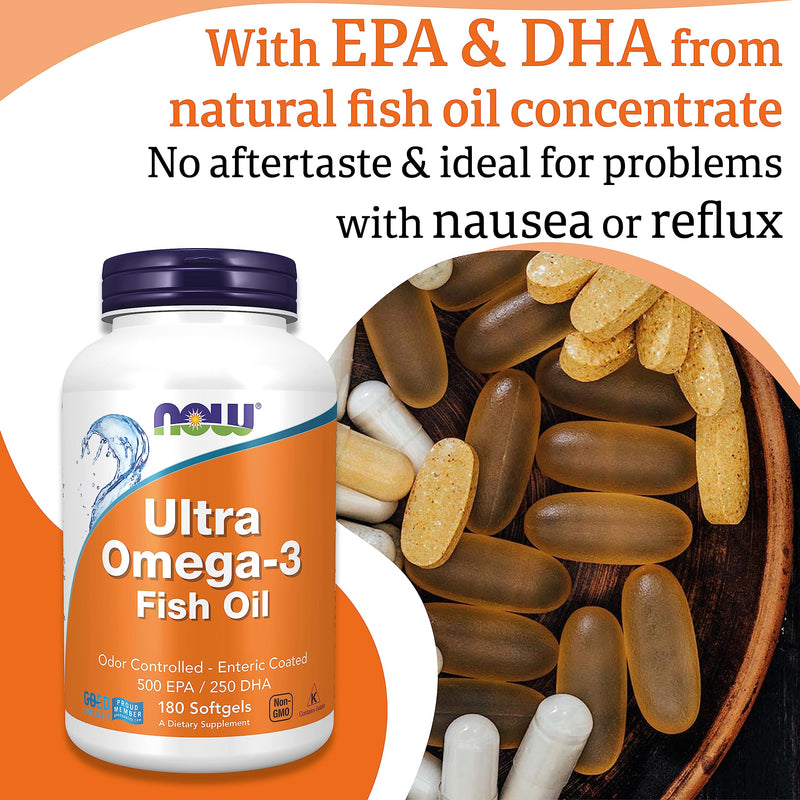 Now Foods, Ultra Omega-3, 500 EPA / 250 DHA, 180 Softgels, Lab-Tested, Fish Oil, Gluten Free, Non-GMO - BeesActive Australia