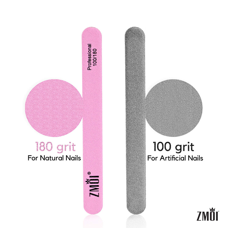ZMOI Premium Japanese Nail File - Professional Double Sided 10 Pack - Natural and Acrylic Nail Filers - 100/180 Grit Washable Emery Boards - BeesActive Australia