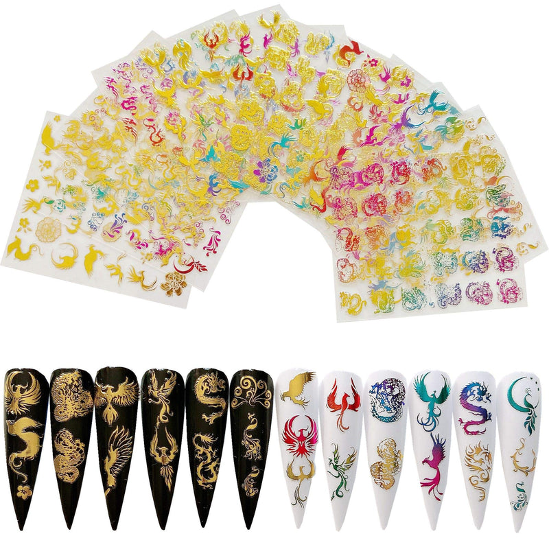NAIL ANGEL 12Sheets Nail Art Adhesive Sticker Sheets Gold and Rainbow Color Dragon Peacock Phoenix Shapes Nail Art Decoration 10257 - BeesActive Australia