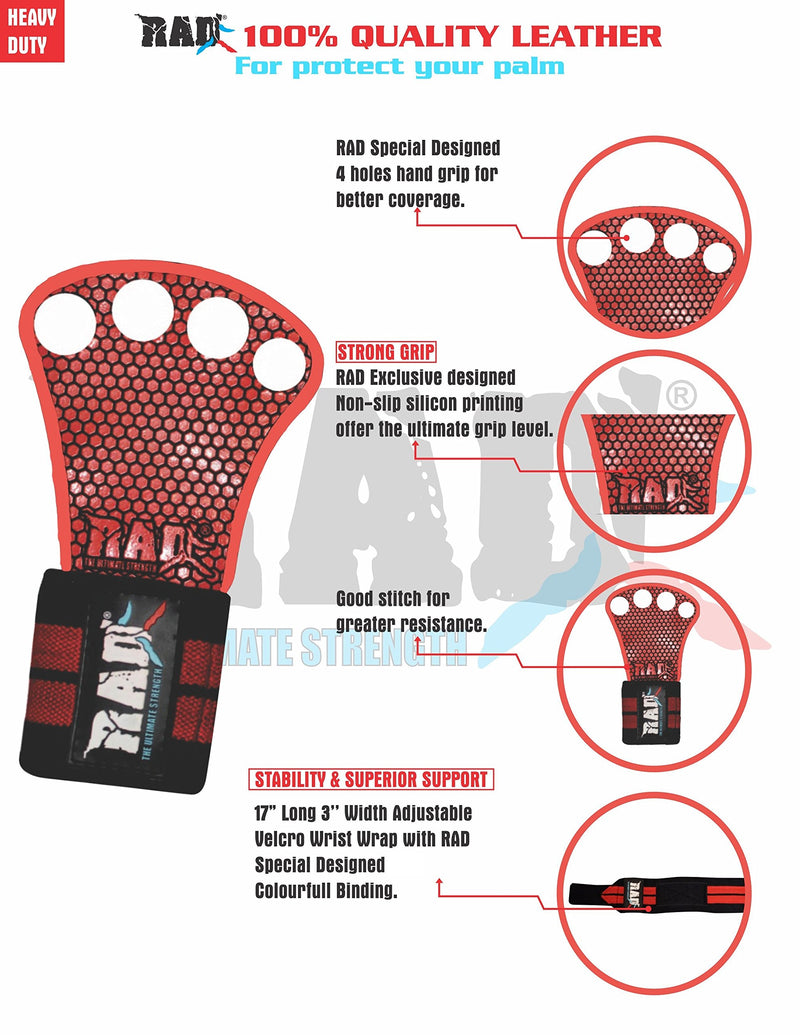 [AUSTRALIA] - RAD Gymnastics Hand Grips, Leather Hand Grips for Crossfit Grips for Pull-ups, Weight Lifting Hand Protection from Rips and Blisters Black & Red 