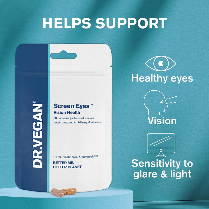 DR.VEGAN Screen Eyes | Vision Health, 60 Vegan-Friendly Capsules | Lutein (15mg), Zeaxanthin (2mg), Meso-zeaxanthing (10mg), Astaxanthin (2mg) and Bilberry (50mg) | Two-A-Day - 30 Day Supply - BeesActive Australia