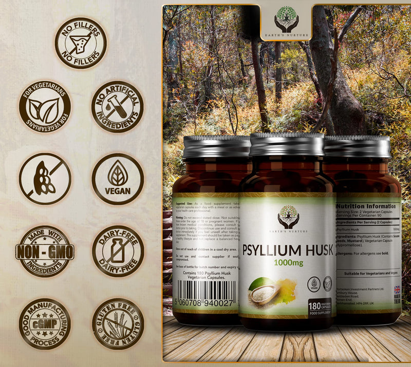 EN Psyllium Husk Capsules | 180 Vegan Fibre Capsules - 1000mg Psyllium Husks per Serving | Fibre Supplement with Physillan Husk | No Filler, Non, GMO, Gluten & Dairy Free | Made in the UK - BeesActive Australia