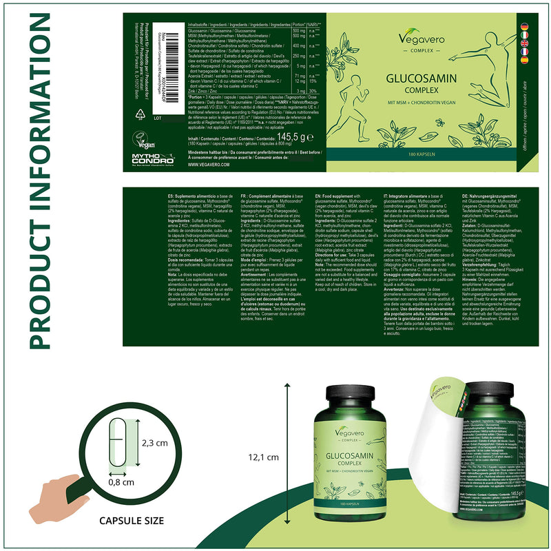 Glucosamine Complex Vegavero® | Vegan | with Chondroitin (Mythocondro®), MSM, Devil's Claw and Vitamin C | NO Additives | 180 Capsules - BeesActive Australia