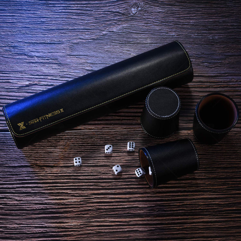 Party Games Leather Dice Cup Set, 5 Black Leather Dice Cups + 25 Dice + Exclusive Storage and Transport Case Made of Faux Leather with Magnetic Closure - BeesActive Australia